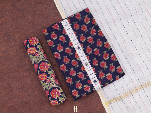 Floral Design Navy Blue Cotton Salwar Material