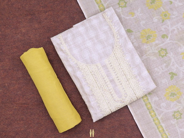 Ogee Design White And Grey Cotton Unstitched Salwar Material