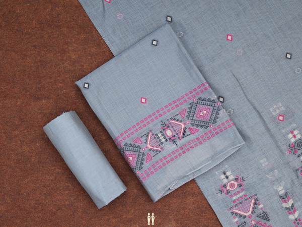 Threadwork Design Blue Silk Cotton Unstitched Salwar Material