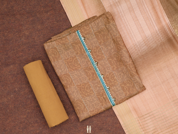 Printed Design Brown Silk Cotton Unstitched Salwar Material