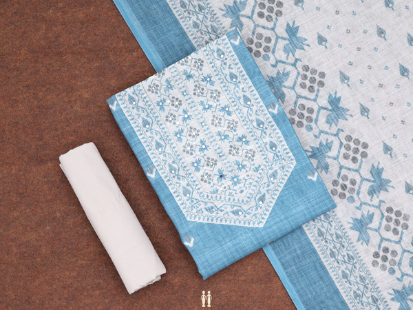 Printed Buttas Blue Linen Unstitched Salwar Material