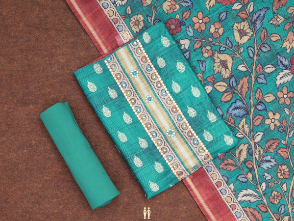 Printed Buttas Green Silk Cotton Unstitched Salwar Material
