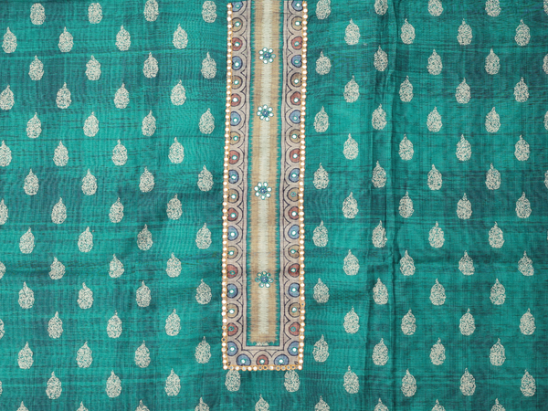 Printed Buttas Green Silk Cotton Unstitched Salwar Material
