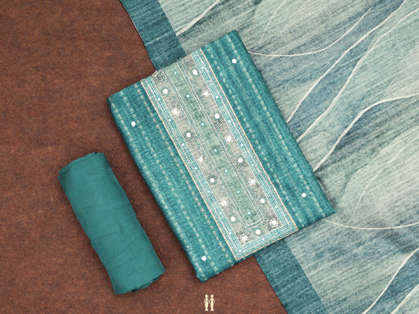 Mirror Buttis Teal Blue Tussar Unstitched Salwar Material