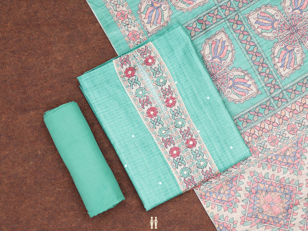 Mirror Buttas Green Tussar Unstitched Salwar Material