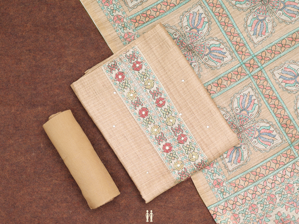 Mirror Buttis Peanut Brown Tussar Unstitched Salwar Material