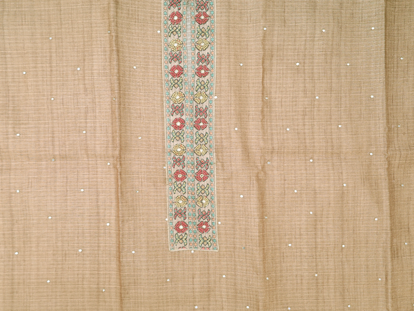 Mirror Buttis Peanut Brown Tussar Unstitched Salwar Material