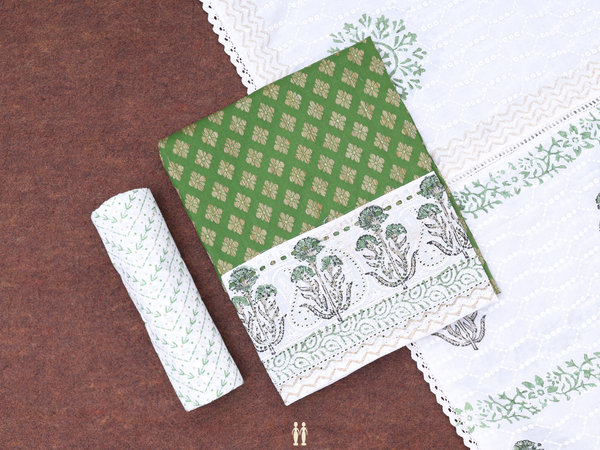 Floral Buttas Leaf Green Cotton Unstitched Salwar Material