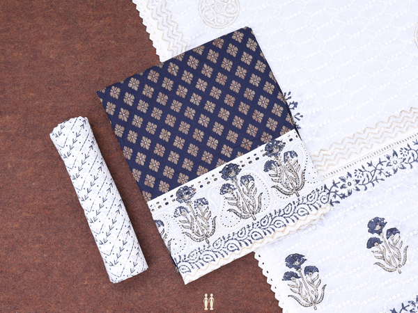 Floral Buttas Oxford Blue Cotton Unstitched Salwar Material