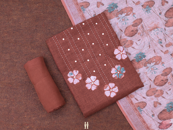 Floral Design Brown Linen Unstitched Salwar Material