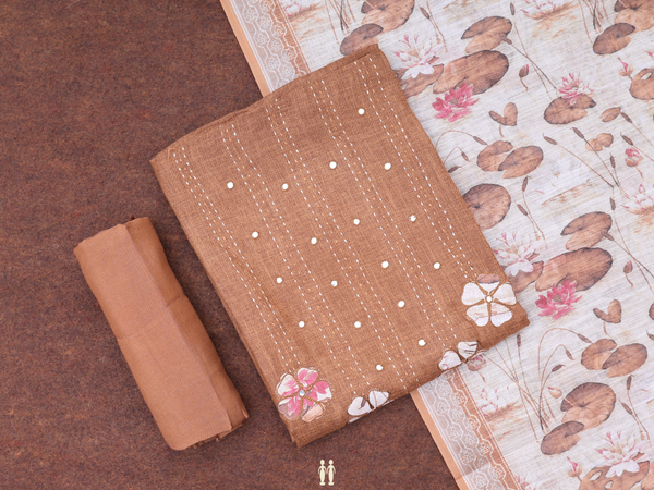 Mirror Work Buttis Brown Linen Unstitched Salwar Material