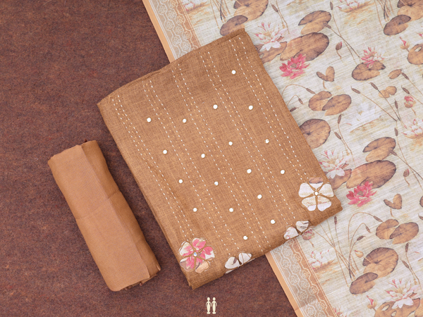 Mirror Work Buttis Brown Linen Unstitched Salwar Material