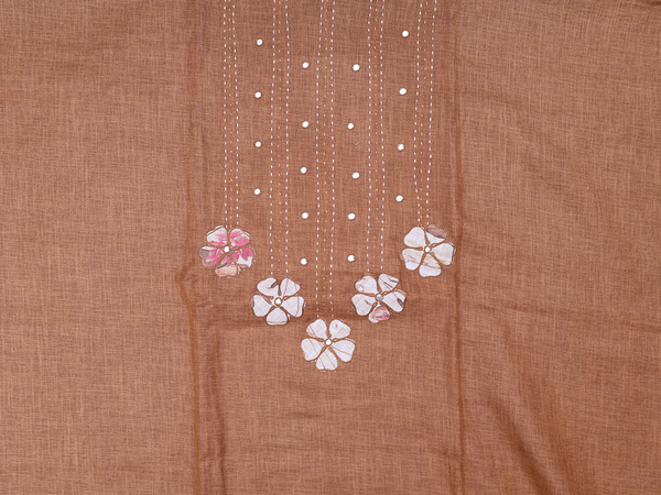 Mirror Work Buttis Brown Linen Unstitched Salwar Material