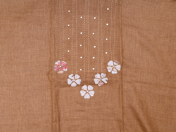 Mirror Work Buttis Brown Linen Unstitched Salwar Material