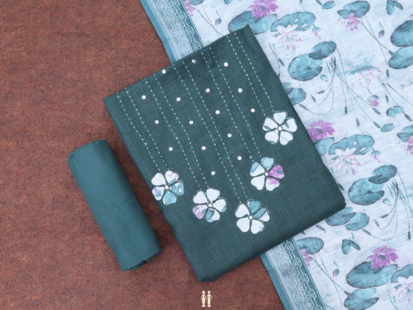 Mirror Work Buttis Dark Green Linen Unstitched Salwar Material