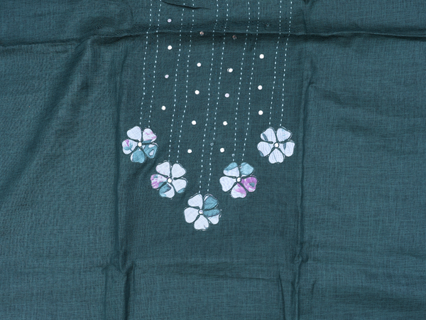Mirror Work Buttis Dark Green Linen Unstitched Salwar Material
