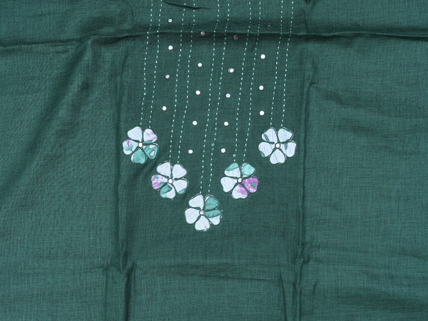 Mirror Work Buttis Dark Green Linen Unstitched Salwar Material