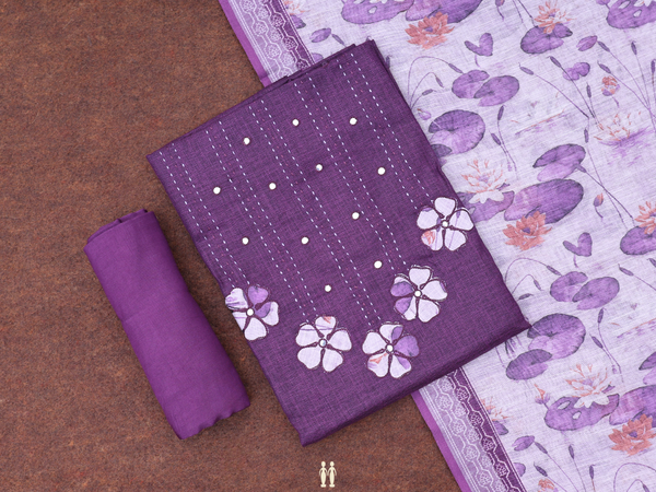 Mirror Work Buttis Purple Linen Unstitched Salwar Material