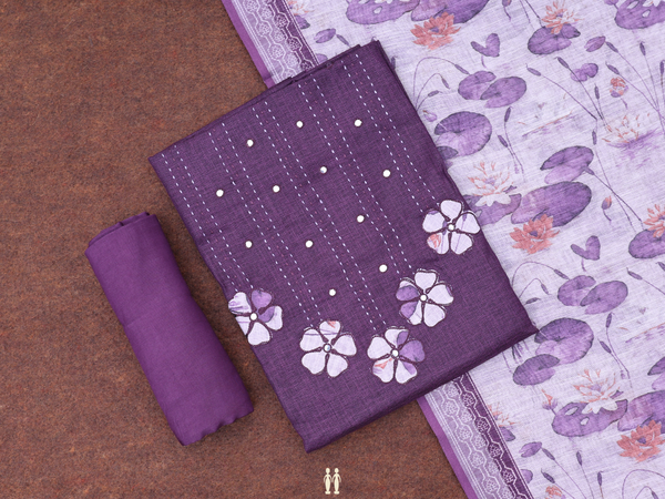 Mirror Work Buttis Purple Linen Unstitched Salwar Material