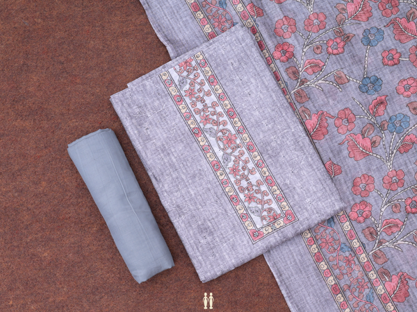 Threadwork Design Grey Chanderi Unstitched Salwar Material