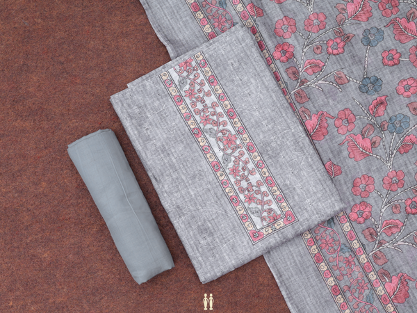 Threadwork Design Grey Chanderi Unstitched Salwar Material