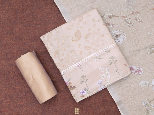Threadwork Design Light Brown Linen Unstitched Salwar Material