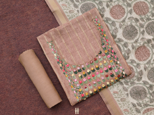 Stripes Design Brown Semi Tussar Unstitched Salwar Material