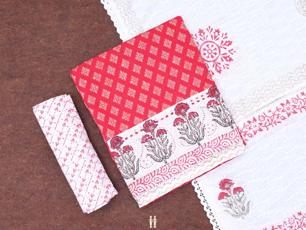 Floral Design Red Cotton Unstitched Salwar Material
