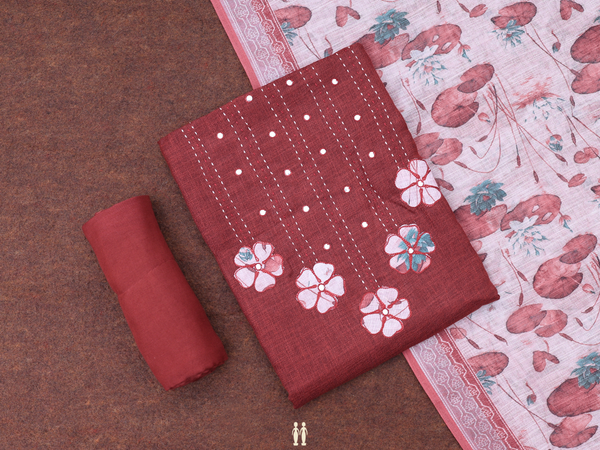 Floral Design Brown Linen Unstitched Salwar Material