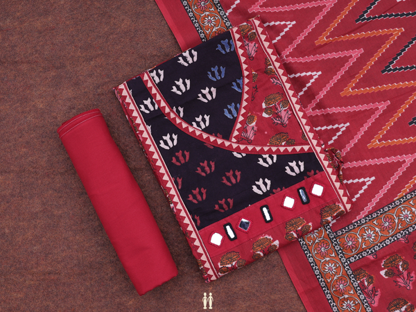 Floral Design Red Cotton Unstitched Salwar Material
