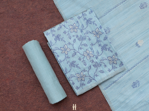 Floral Design Turkish Blue Raw Silk Salwar Material