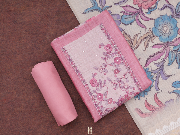 Floral Design Pink Semi Tussar Unstitched Salwar Material