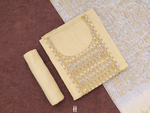 Threadwork Design Yellow Cotton Unstitched Salwar Material
