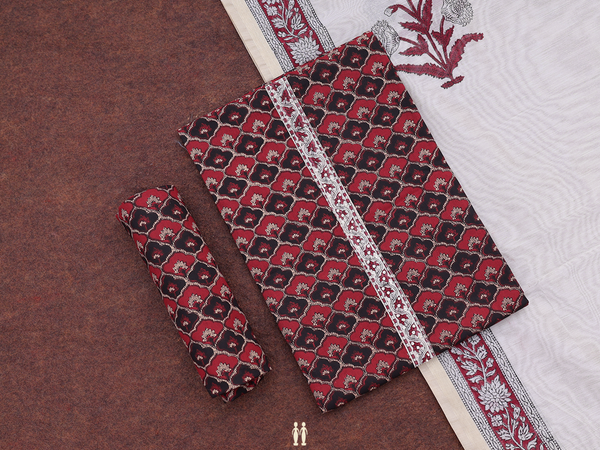 Ogee Design Red And Black Cotton Unstitched Salwar Material