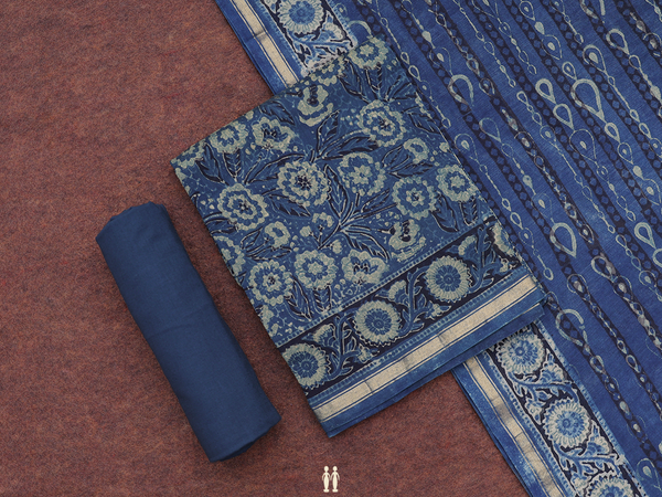 Floral Design Blue Cotton Unstitched Salwar Material