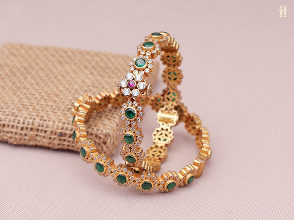 Floral Design Gold Plated Pure Silver Screw Bangles