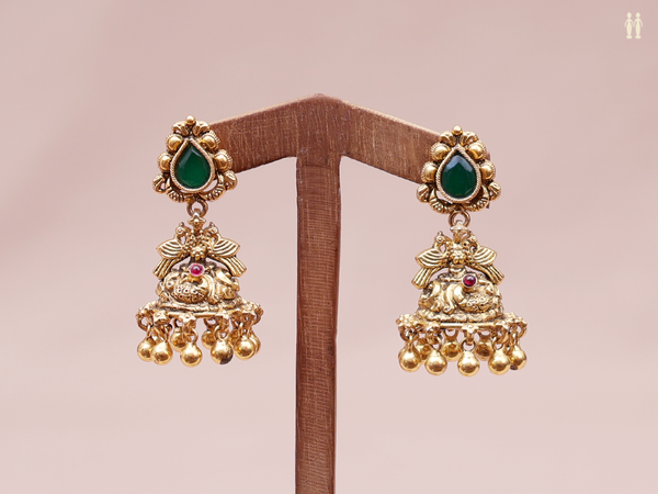 Green Stone With Antique Design Gold Plated Silver Jhumkas