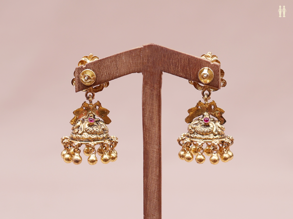 Green Stone With Antique Design Gold Plated Silver Jhumkas