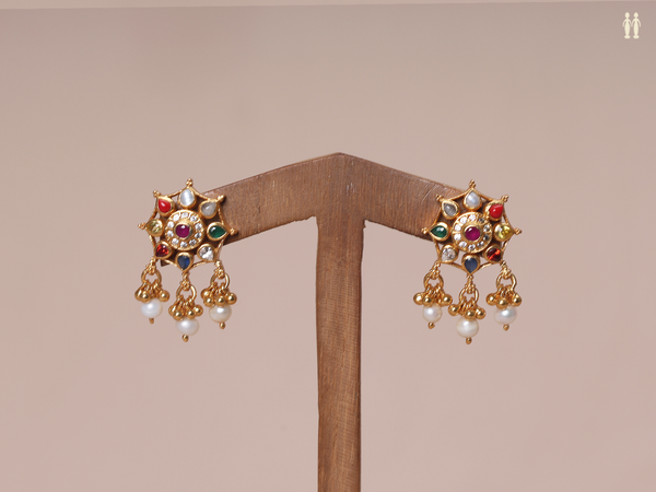 Multicolor Stone With Beads Gold Plated Pure Silver Earrings