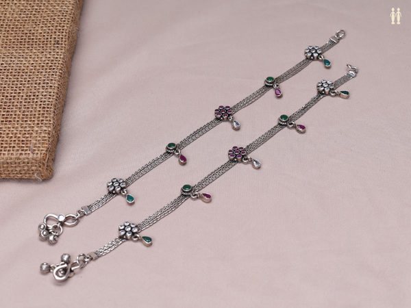 Pair Of Floral Design With Tri Color Stone Pure Silver Anklets