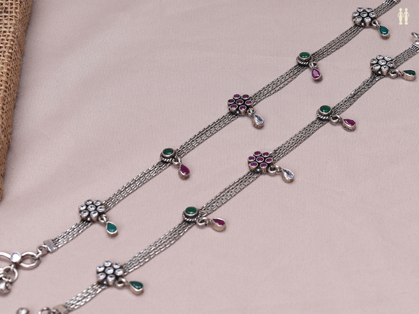 Pair Of Floral Design With Tri Color Stone Pure Silver Anklets