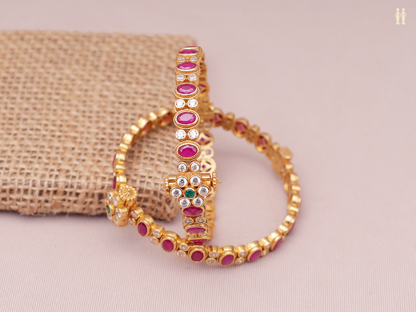 Pink And Crystal Stone Gold Plated Pure Silver Screw Bangles