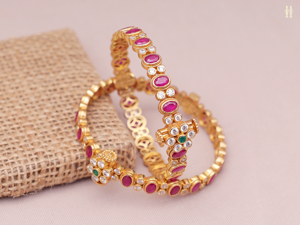 Pink And Crystal Stone Gold Plated Pure Silver Screw Bangles