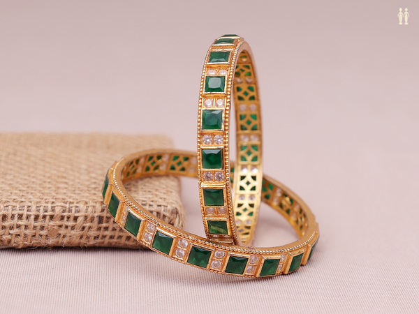Emerald And Crystal Stone Gold Plated Pure Silver Bangles