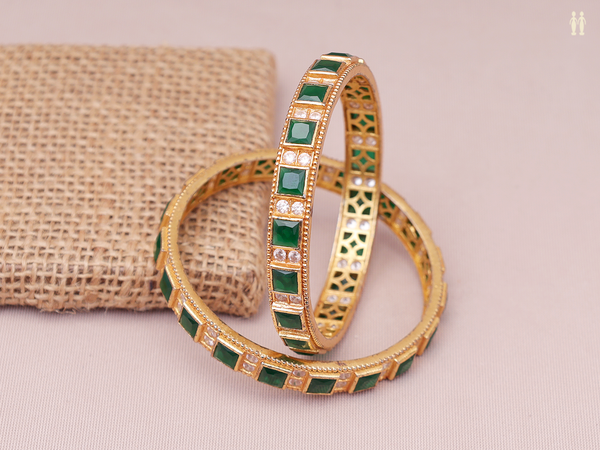 Emerald And Crystal Stone Gold Plated Pure Silver Bangles