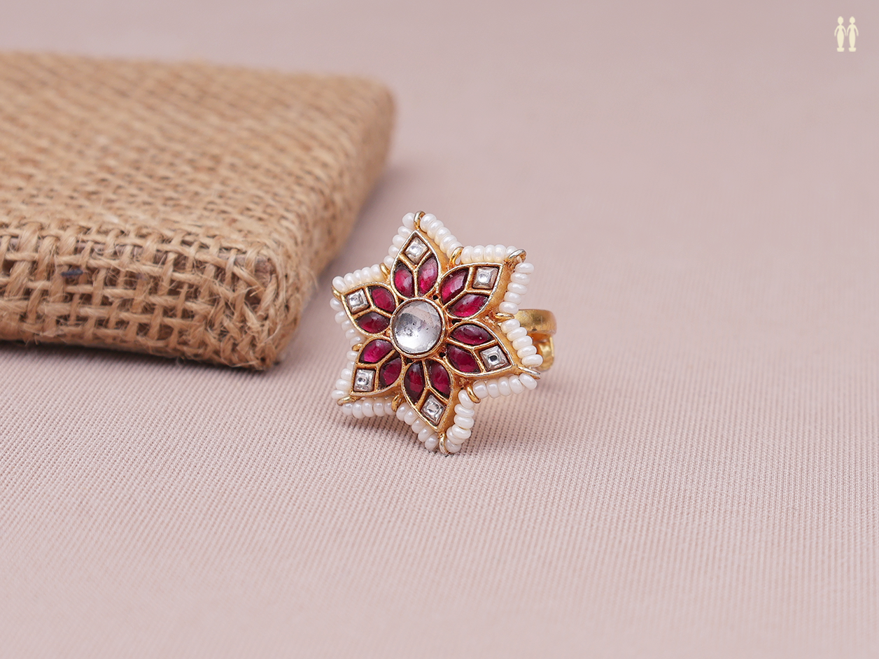 Floral Design Gold Plated Pure Silver Adjustable Ring