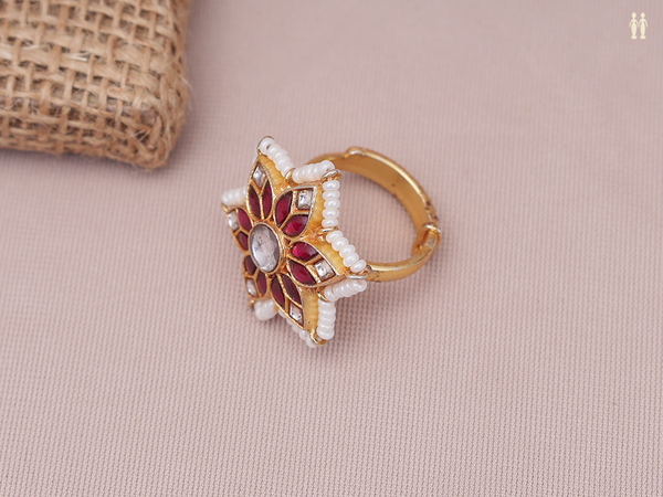 Floral Design Gold Plated Pure Silver Adjustable Ring