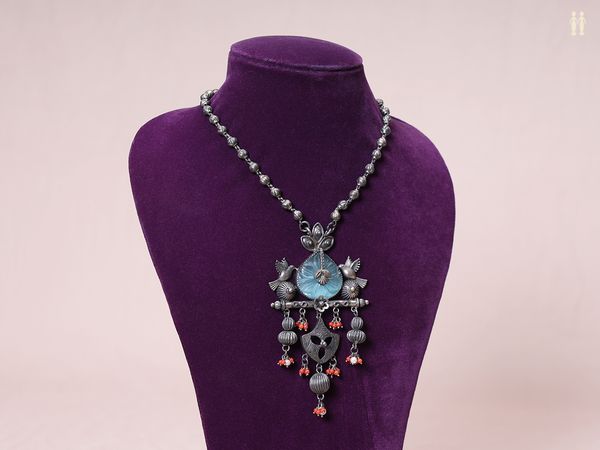 Oxidized With Beads Pure Silver Long Necklace