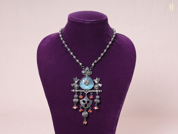 Oxidized With Beads Pure Silver Long Necklace