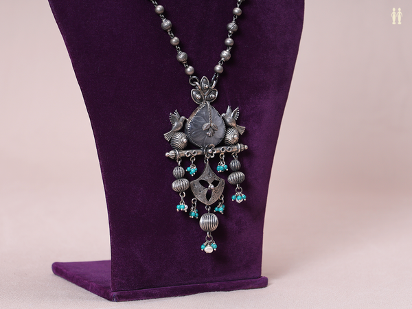 Oxidized With Beads Pure Silver Long Necklace